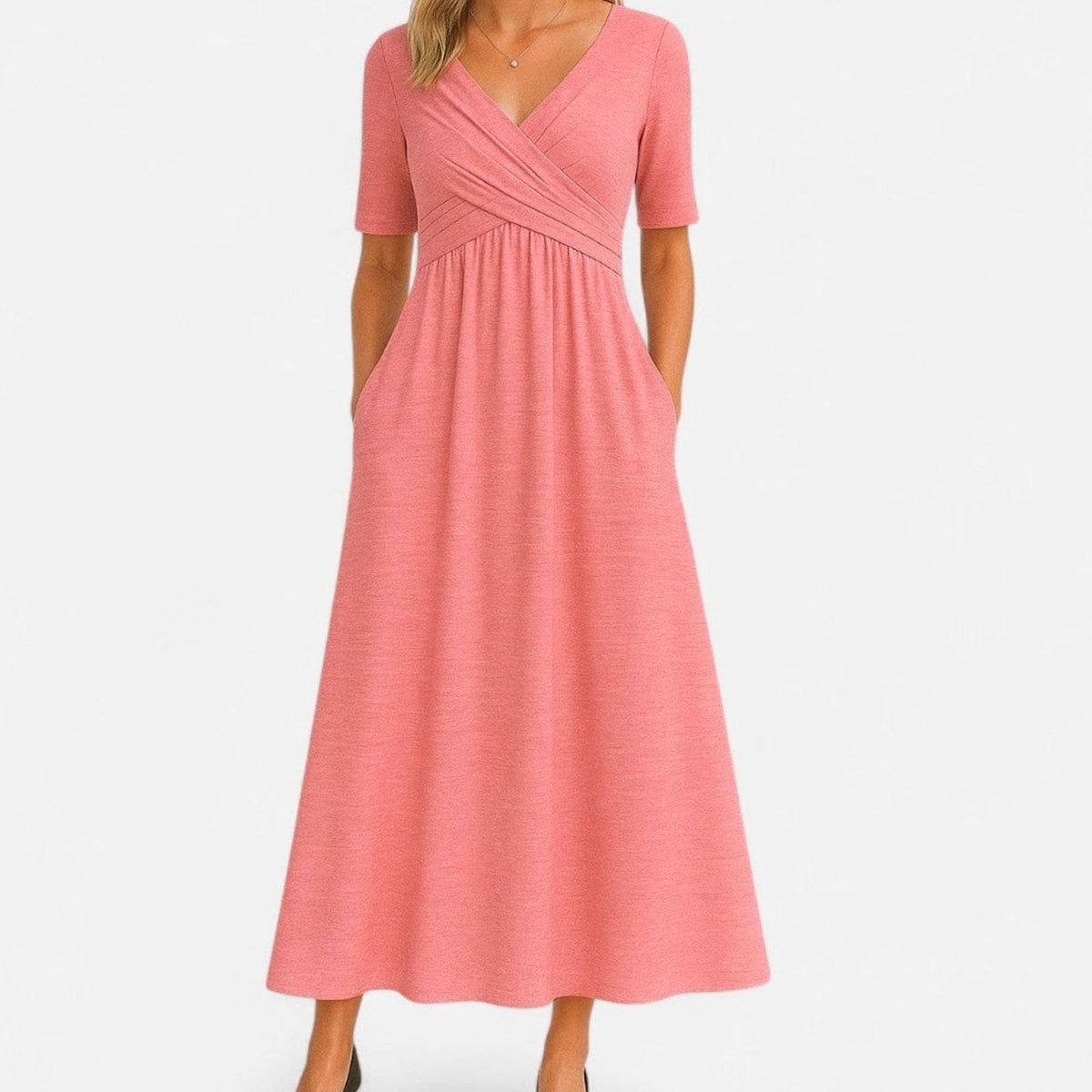 Women's V-Neck Wrap-Front Empire-Waist Midi Dress Pockets