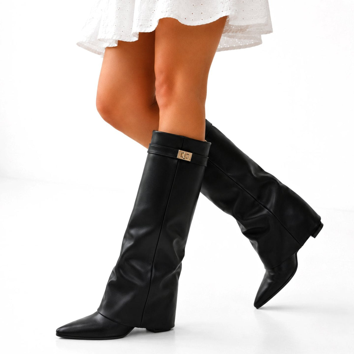 Olivia | Women's Vegan Leather Pointed-Toe Knee High Boots Gold Hardware