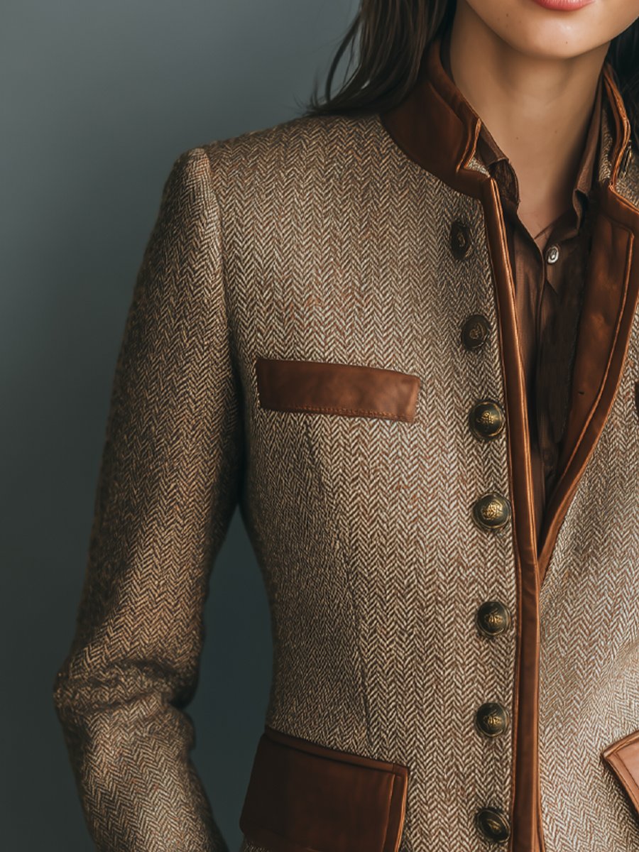 Women's Brown Herringbone Tweed Jacket with Faux Leather Trim