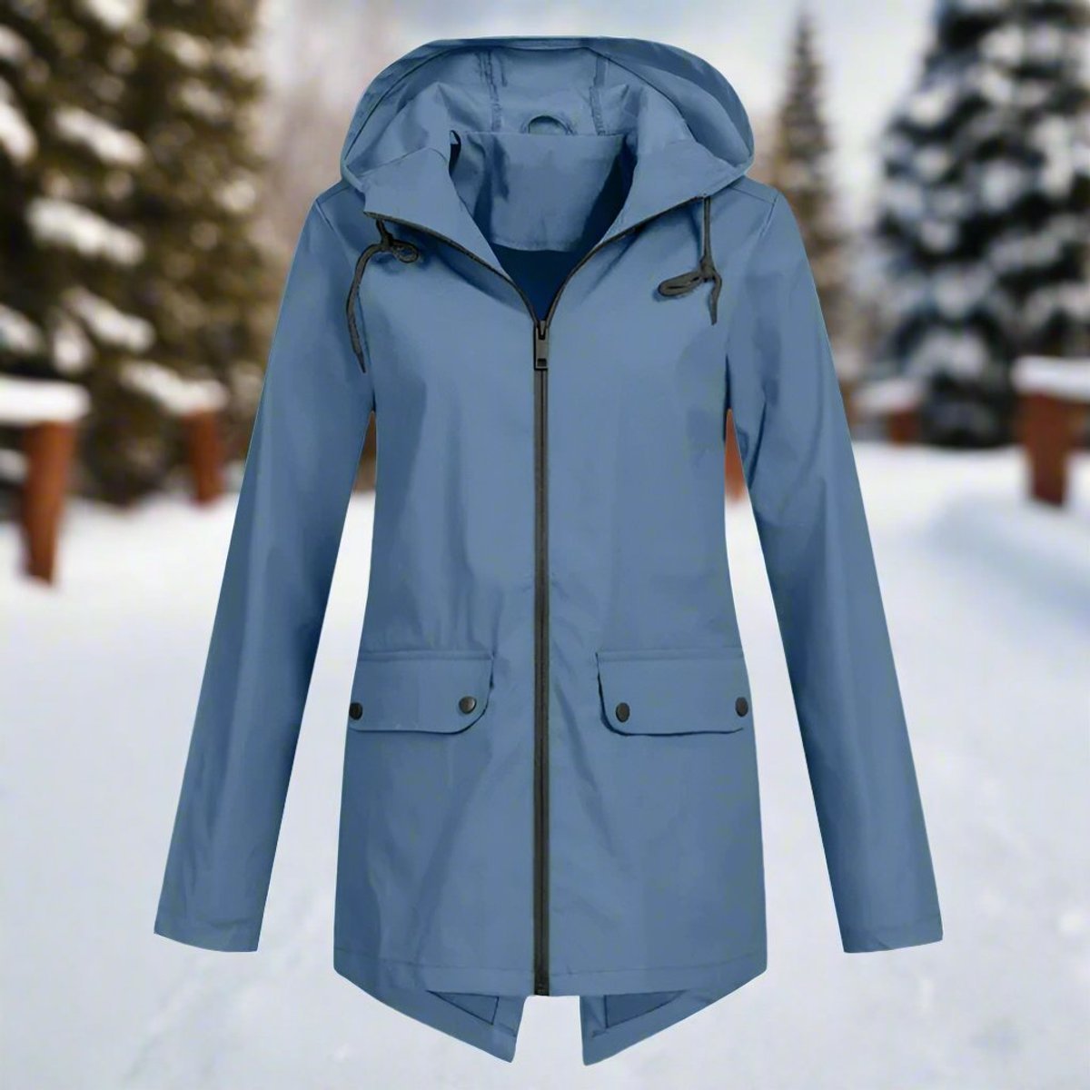 Women's Waterproof Hooded Zip-Up Longline Trench Coat Adjustable Cuffs