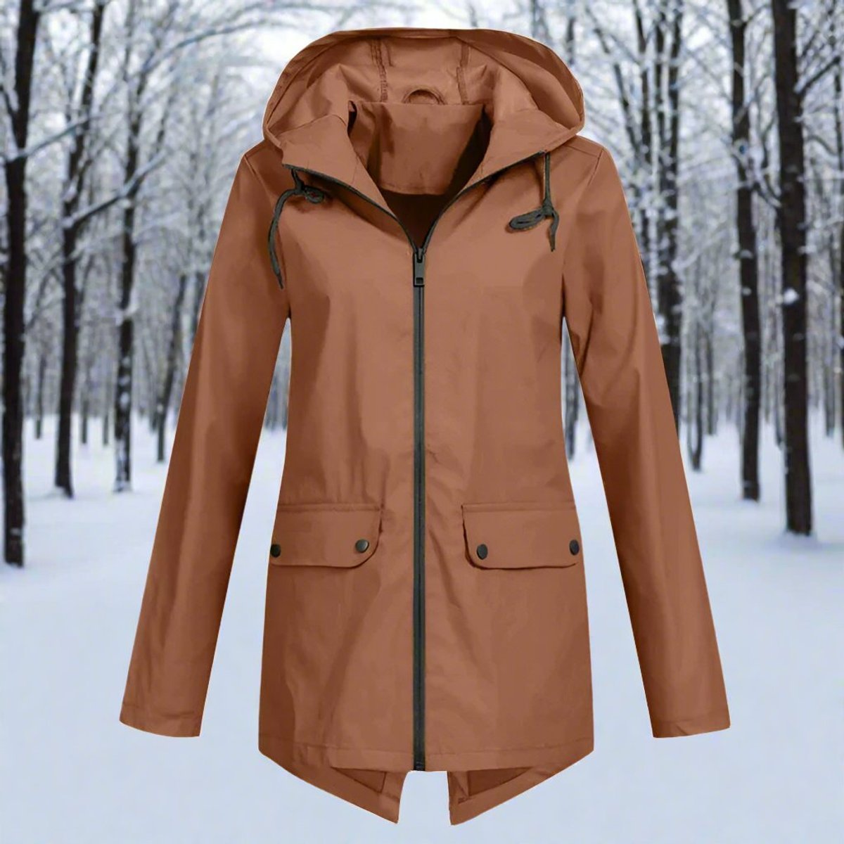 Women's Waterproof Hooded Zip-Up Longline Trench Coat Adjustable Cuffs