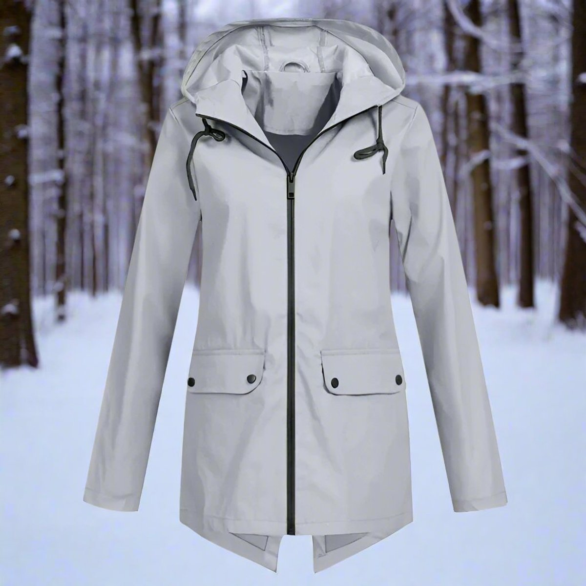 Women's Waterproof Hooded Zip-Up Longline Trench Coat Adjustable Cuffs