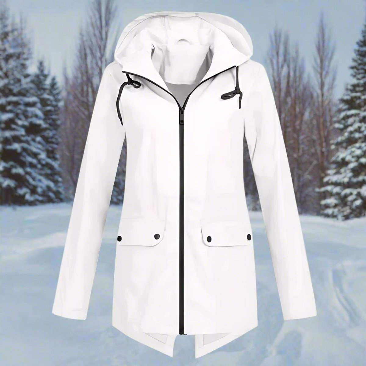 Women's Waterproof Hooded Zip-Up Longline Trench Coat Adjustable Cuffs