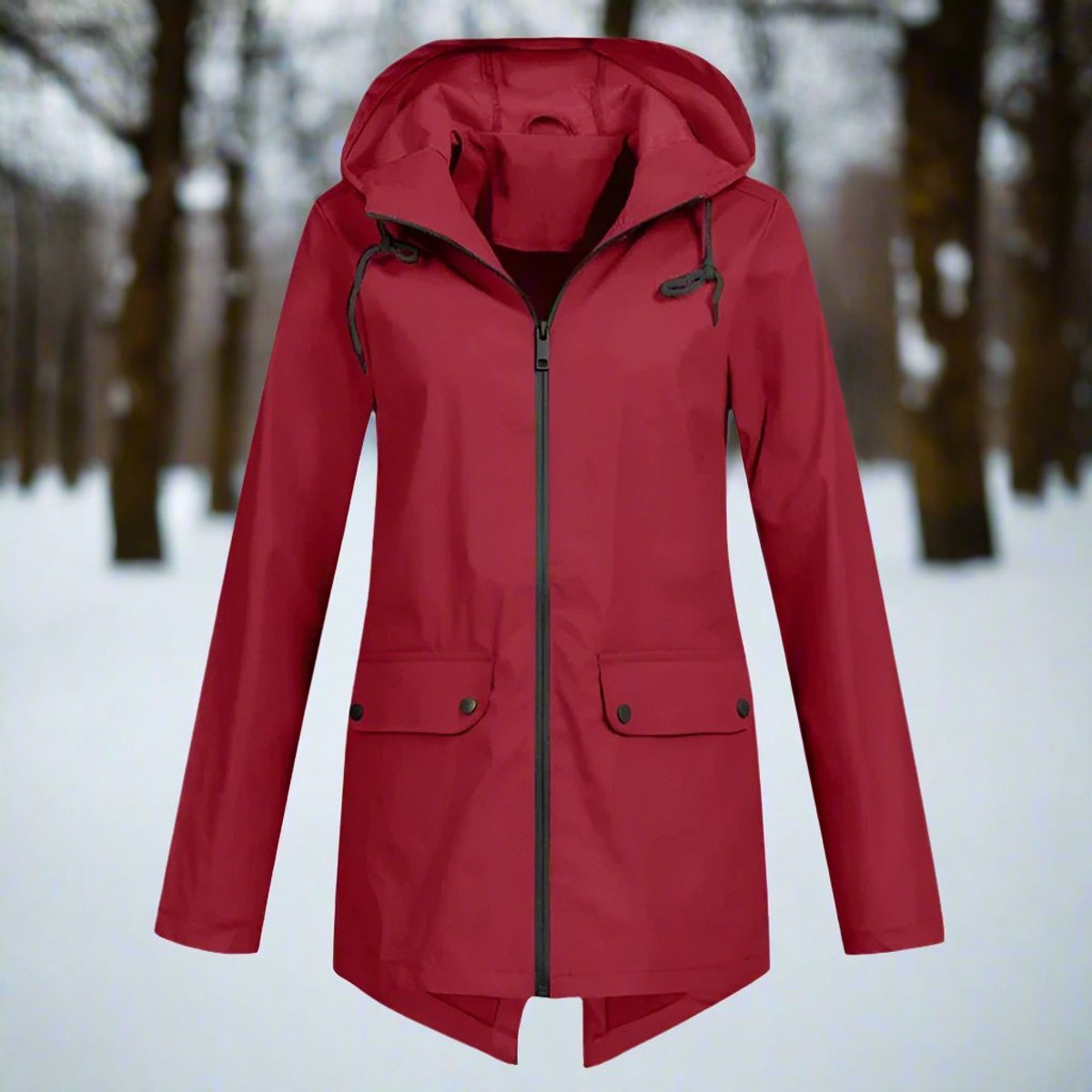 Women's Waterproof Hooded Zip-Up Longline Trench Coat Adjustable Cuffs
