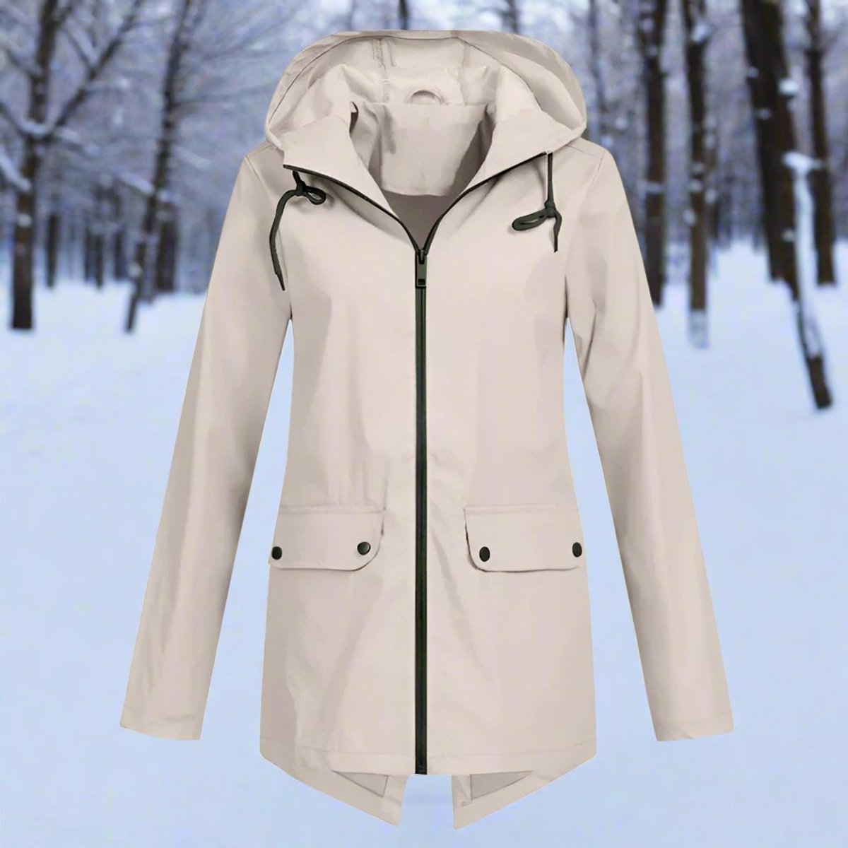 Women's Waterproof Hooded Zip-Up Longline Trench Coat Adjustable Cuffs