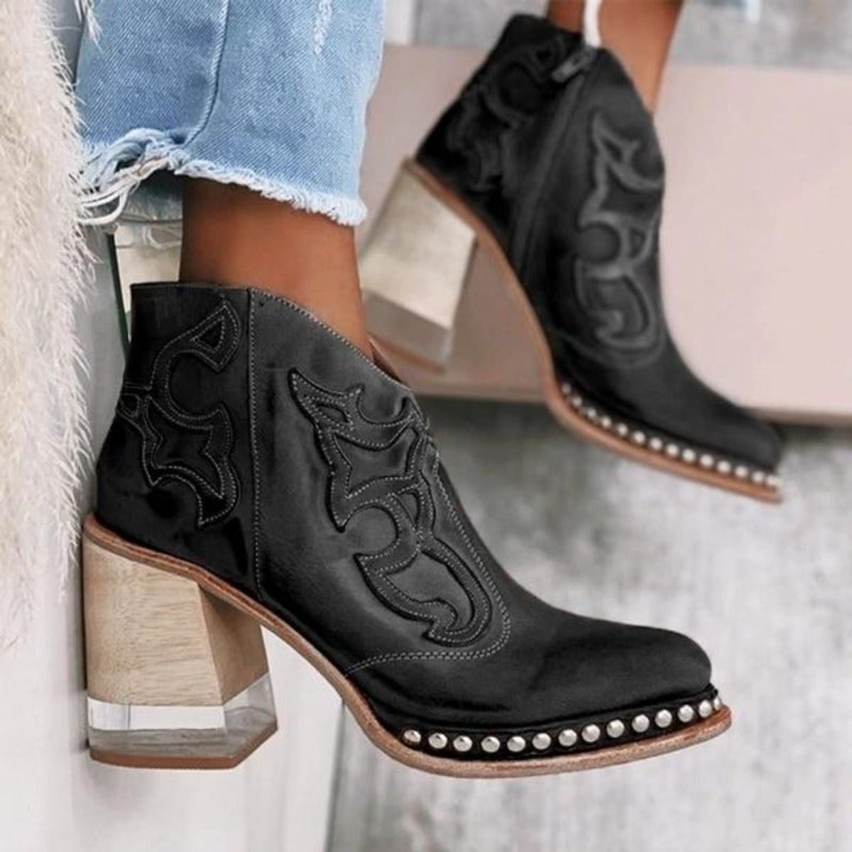 Women's Western-Stitch Block-Heel Cowboy Ankle Boots