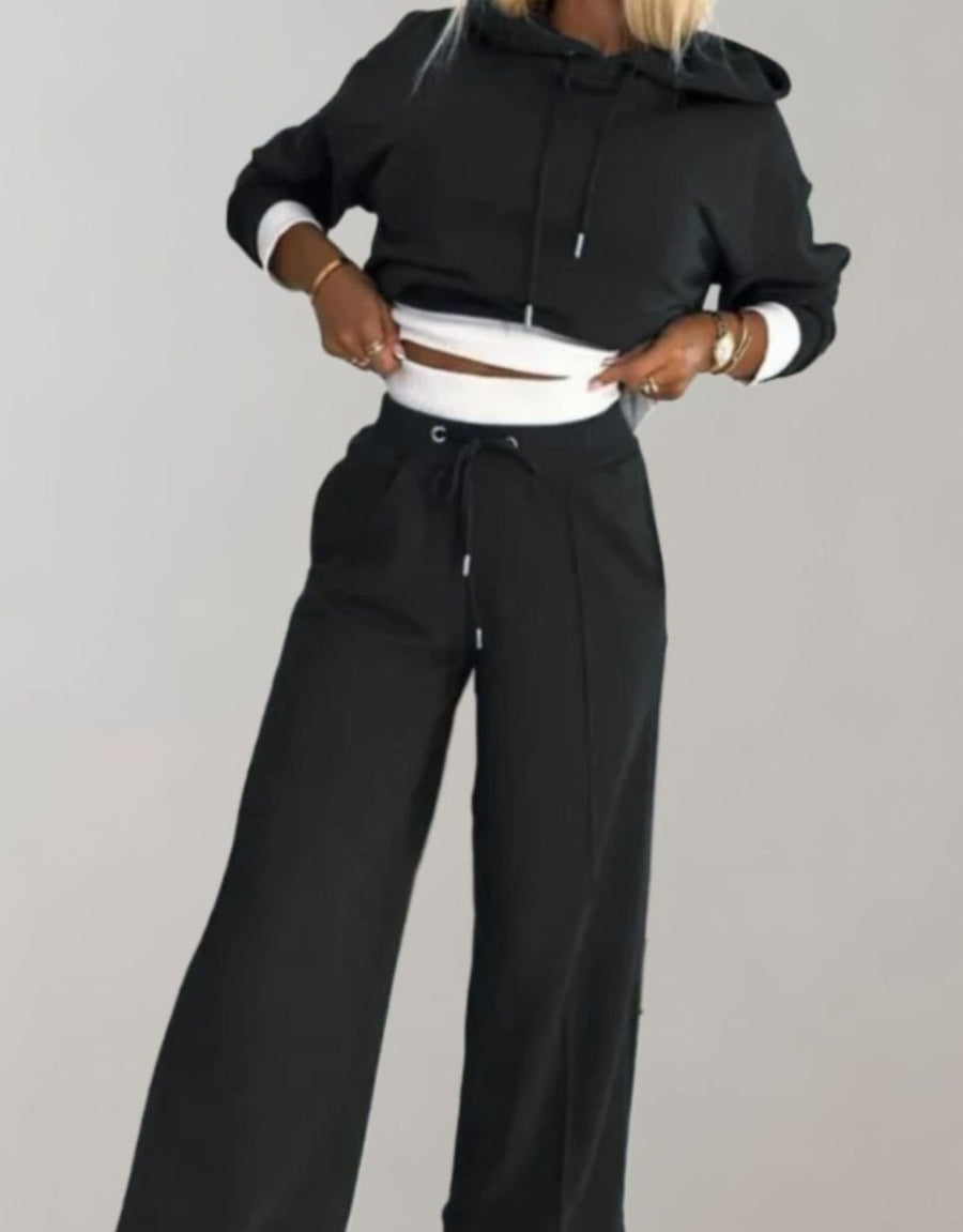 Women's Wide-Leg Cropped Hoodie Two-Piece Tracksuit Pants Set