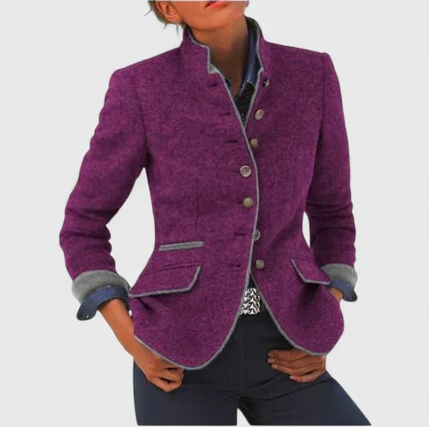 Women's wool blazer stand-up collar button-front tailored