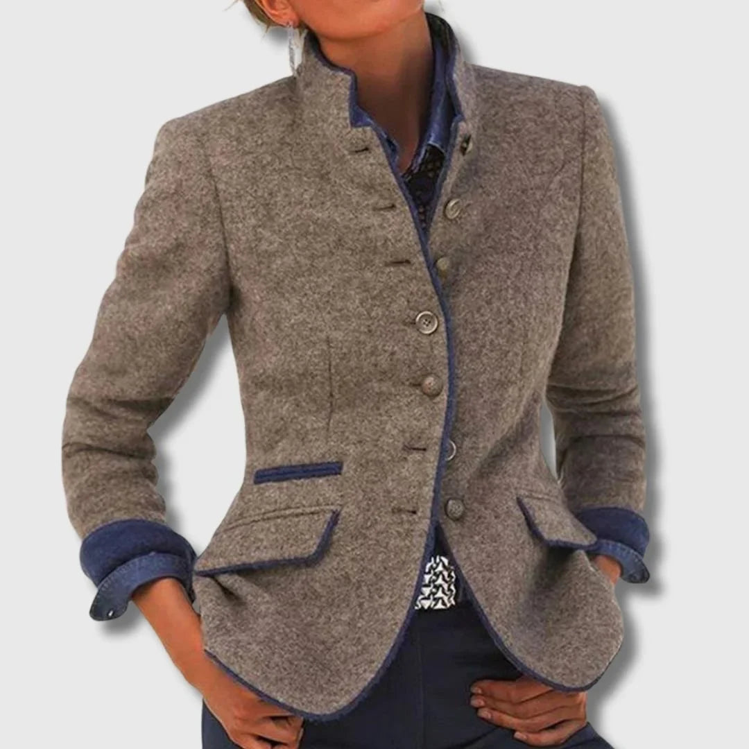 Women's wool blazer stand-up collar button-front tailored