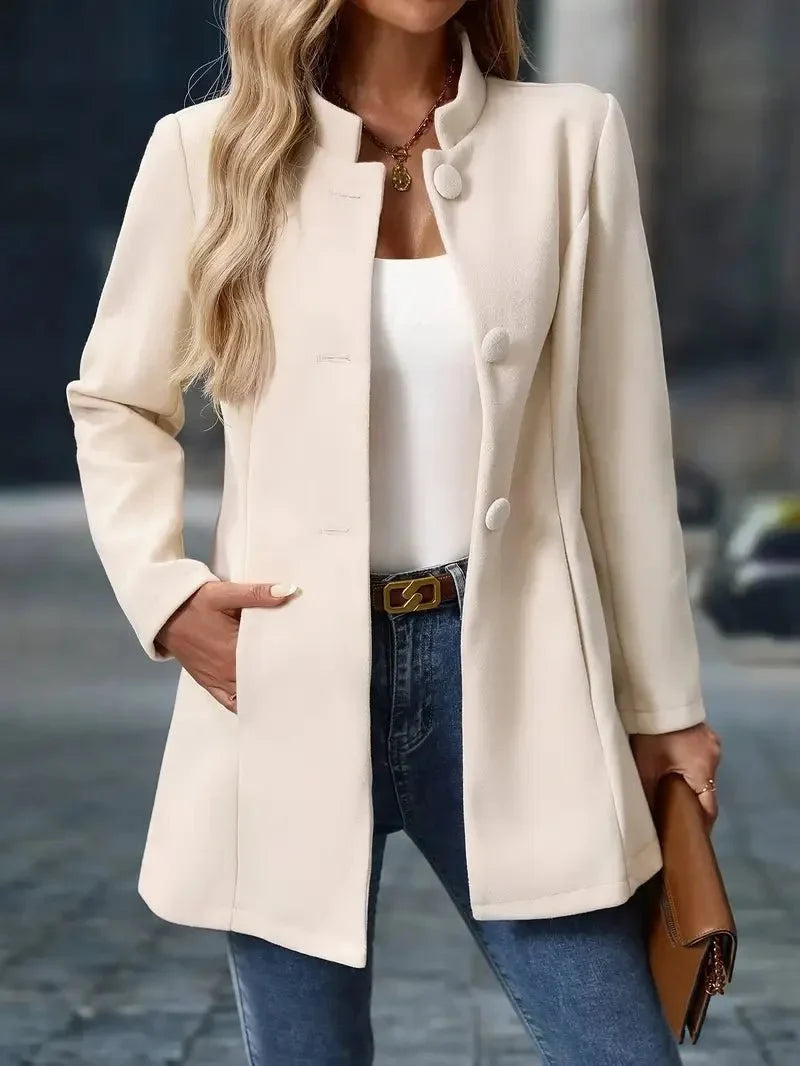 Women's wool blend coat stand collar button front mid-length