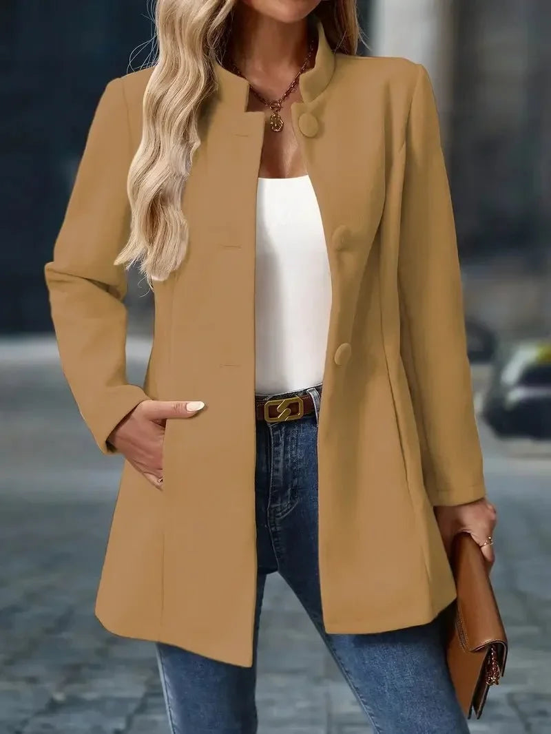 Women's wool blend coat stand collar button front mid-length