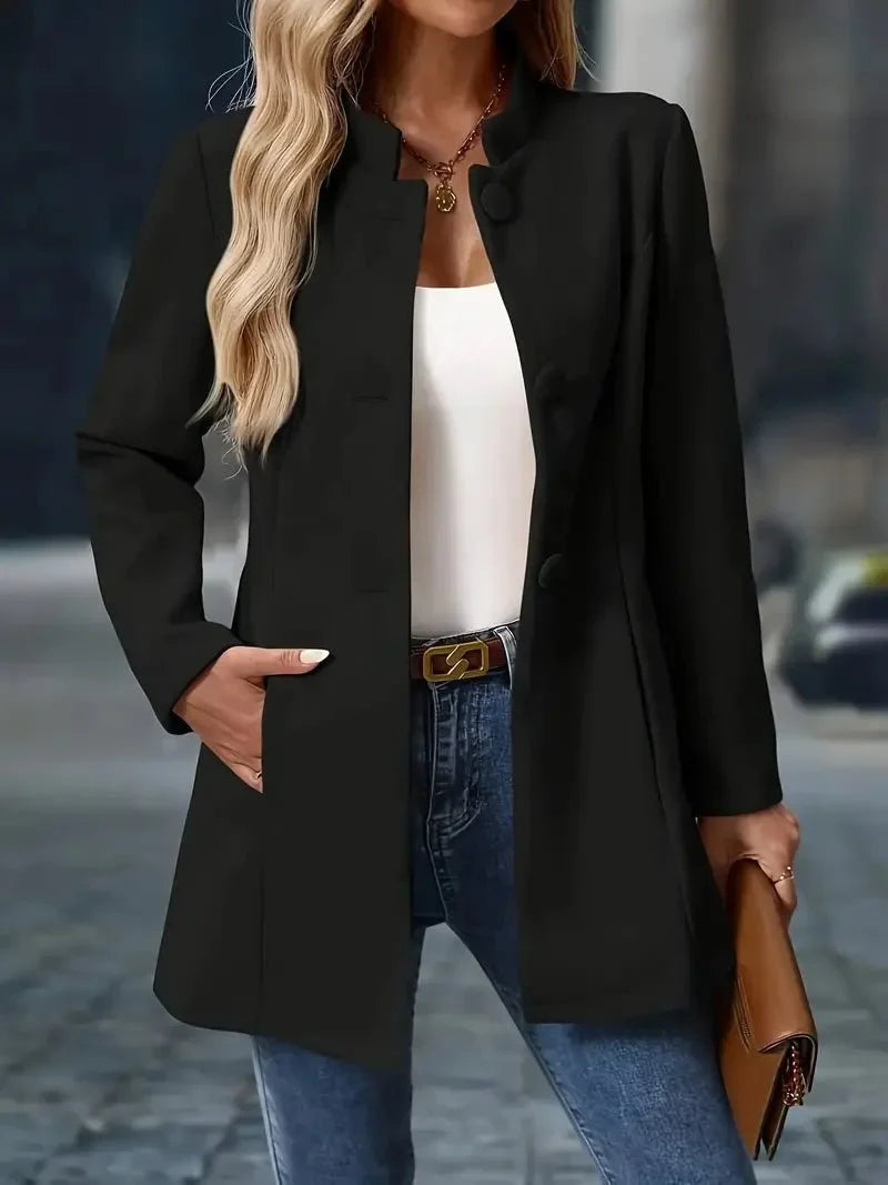 Women's wool blend coat stand collar button front mid-length