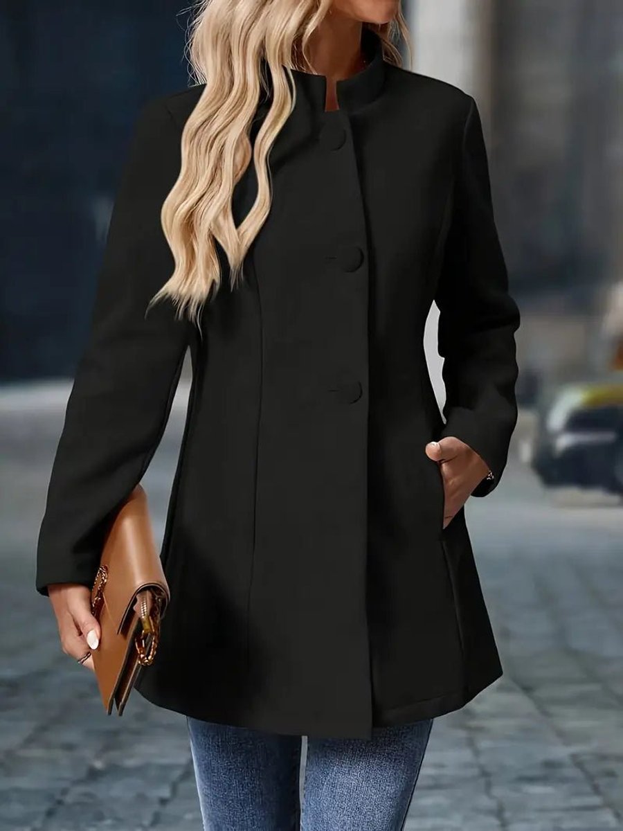 Women's Wool Blend Stand Collar Trench Coat Mid-Length Overcoat
