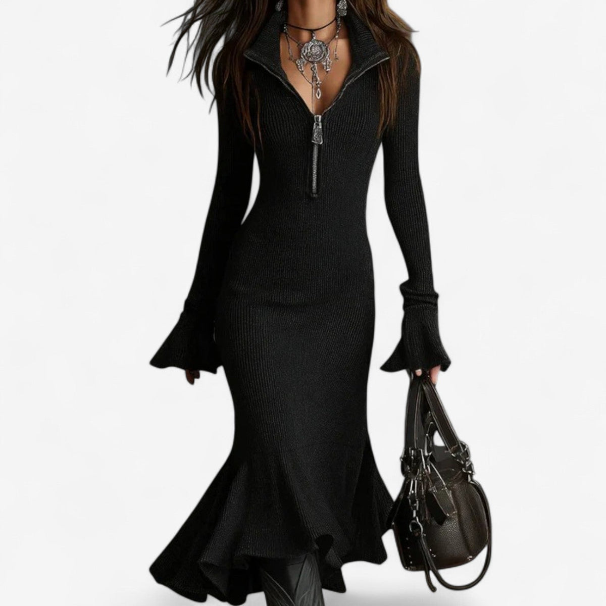 Women's Ribbed Knit Sweater Dress with Half Zip Neck | Bell Sleeves and Flared Hem | Size S-4XL, 6 Colors