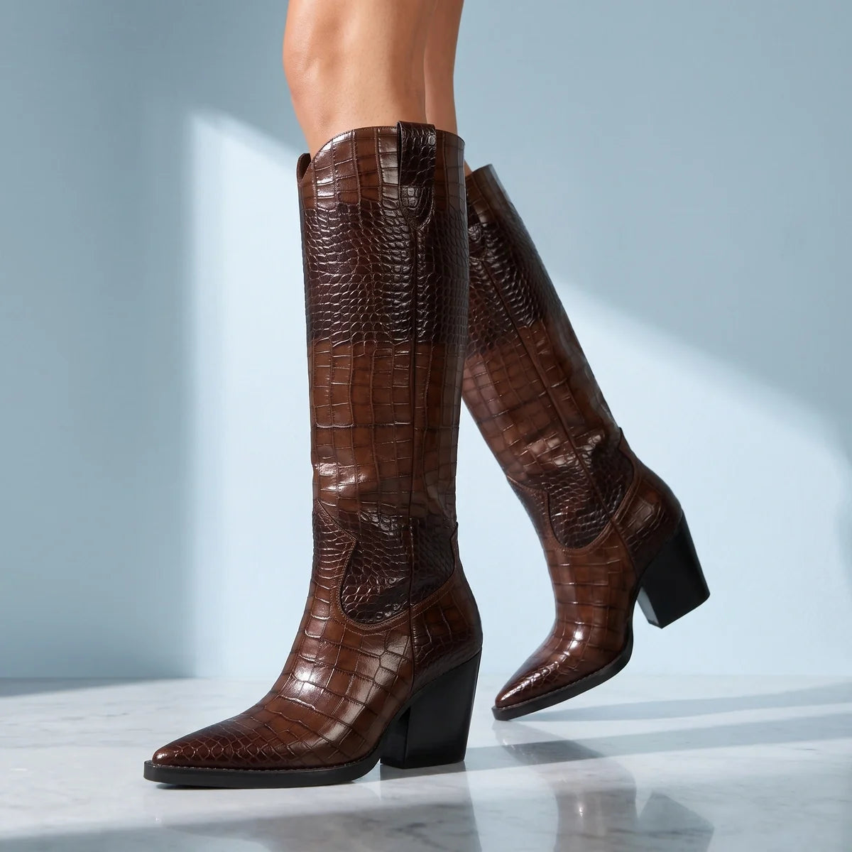 Xanthe Croc Embossed Western Knee High Boots