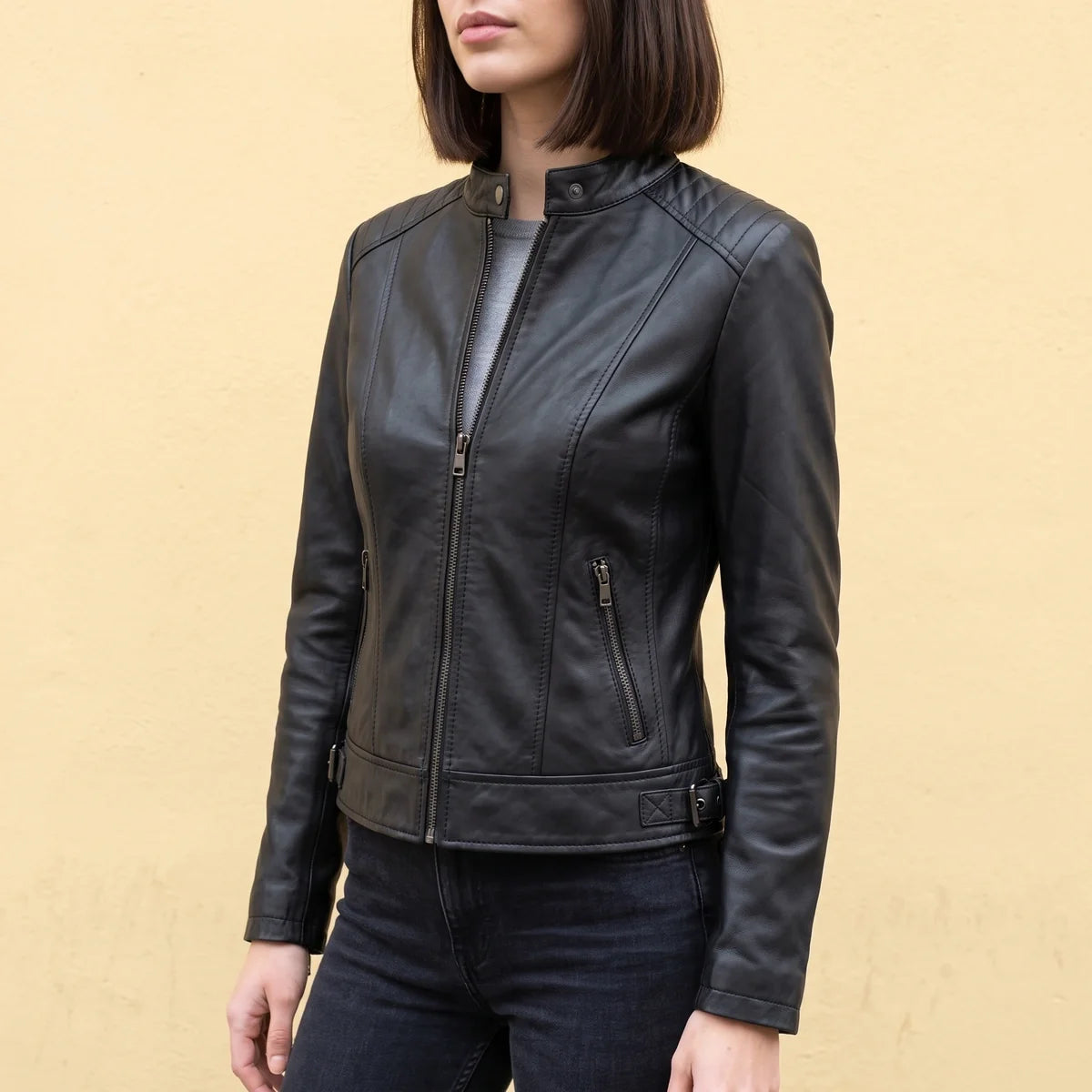 Xanthia Cropped Leather Moto Jacket