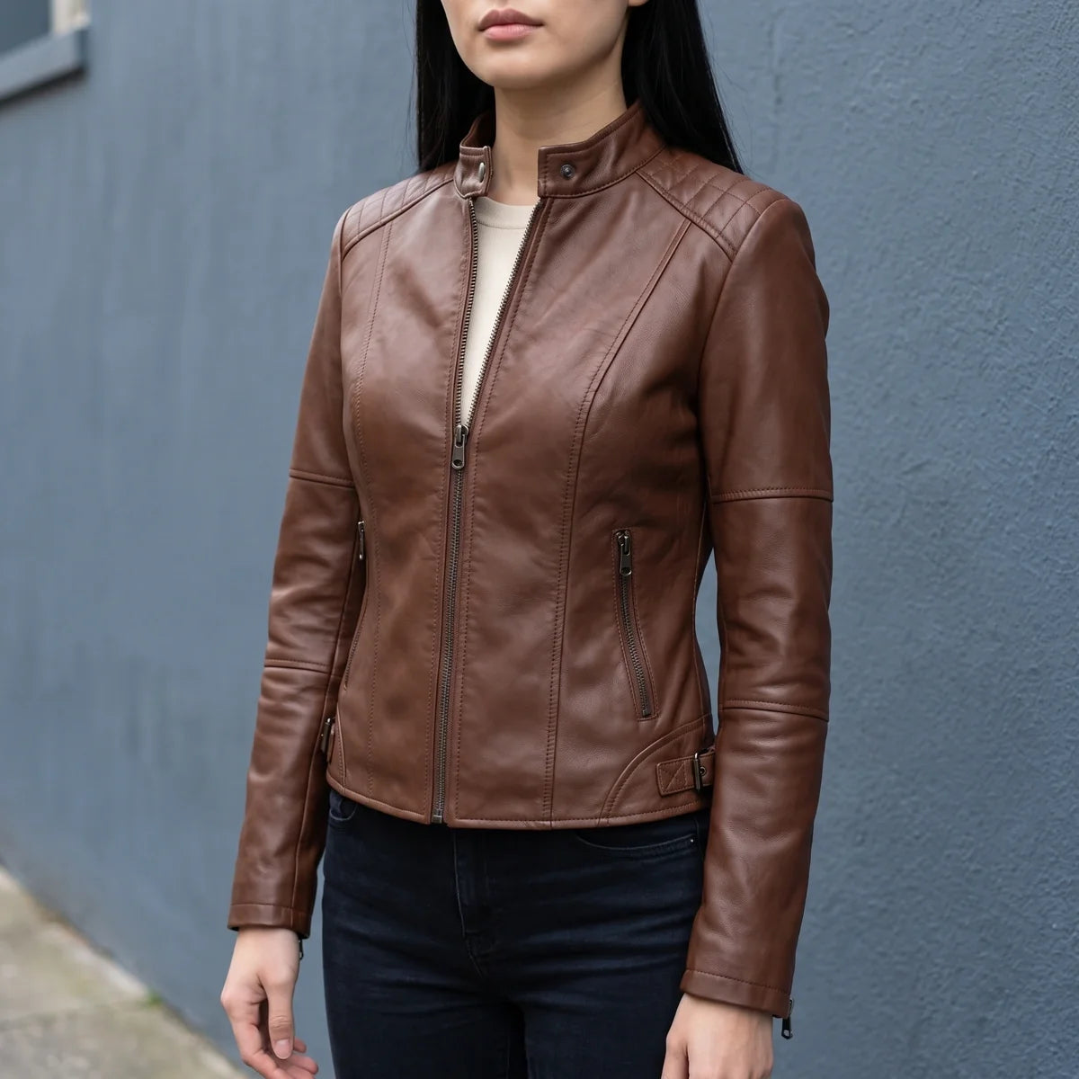 Xanthia Cropped Leather Moto Jacket