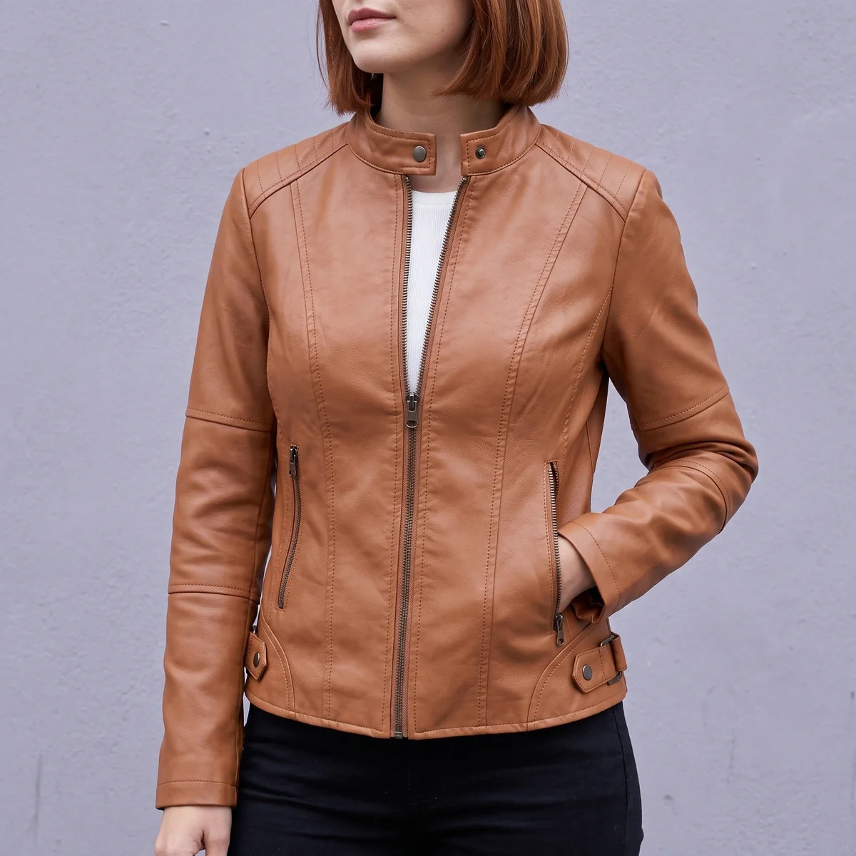 Xanthia Cropped Leather Moto Jacket