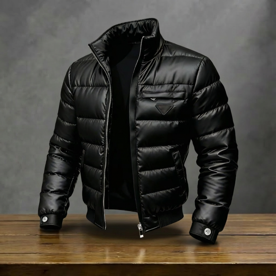 Men's Black Quilted Puffer Jacket, Stand Collar, Zip Front