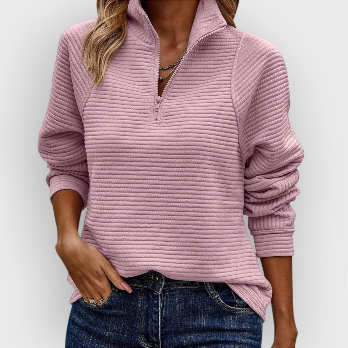 Yvonne | Ribbed Knit Half-Zip Sweater with V-Neck for Women