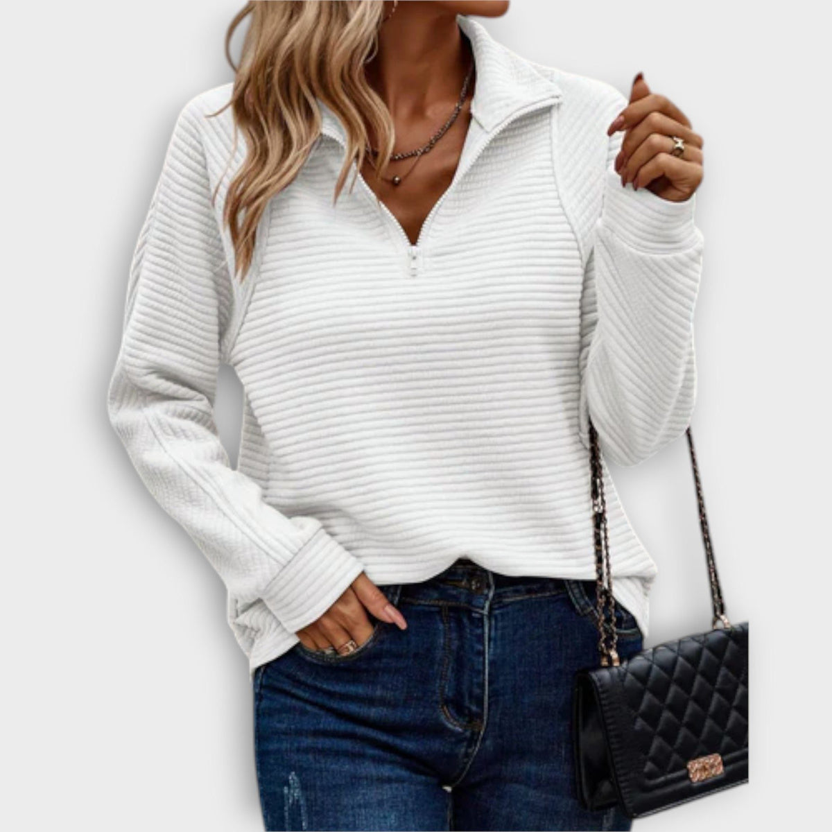 Yvonne | Ribbed Knit Half-Zip Sweater with V-Neck for Women