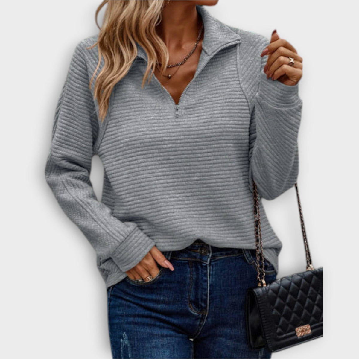 Yvonne | Ribbed Knit Half-Zip Sweater with V-Neck for Women