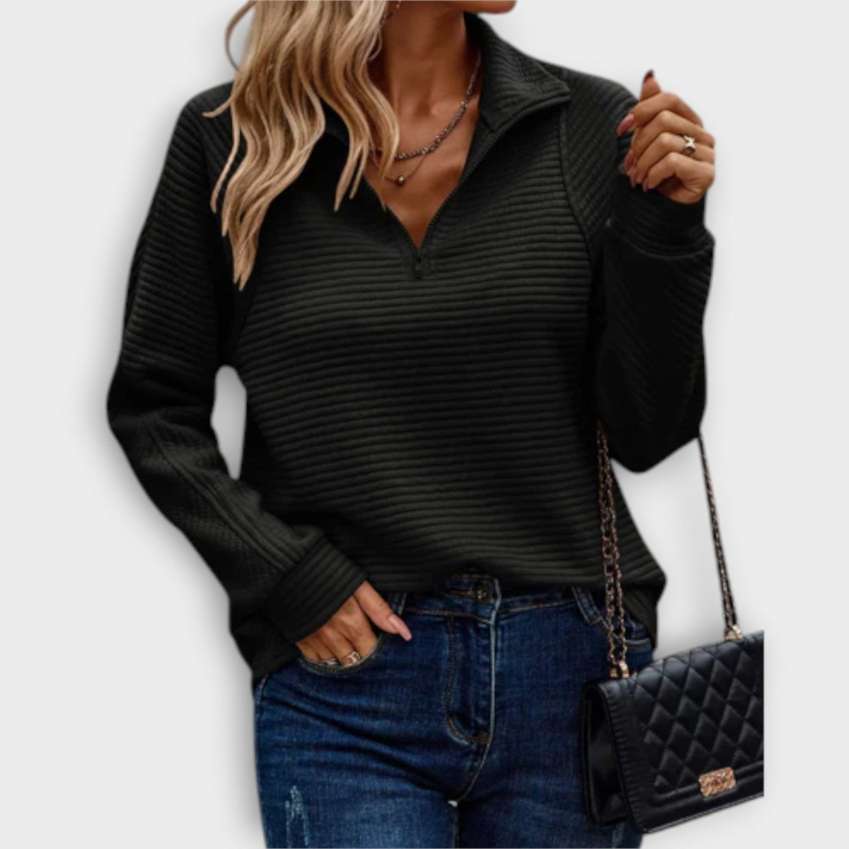Yvonne | Ribbed Knit Half-Zip Sweater with V-Neck for Women