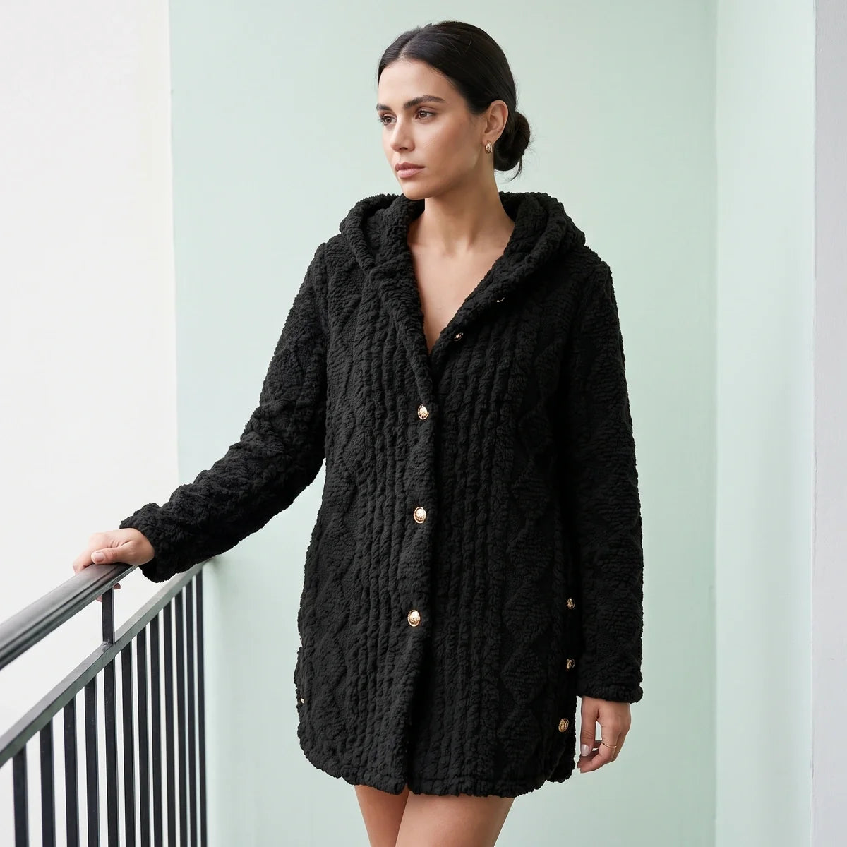 Zelie Plush Cable Textured Hooded Cardigan