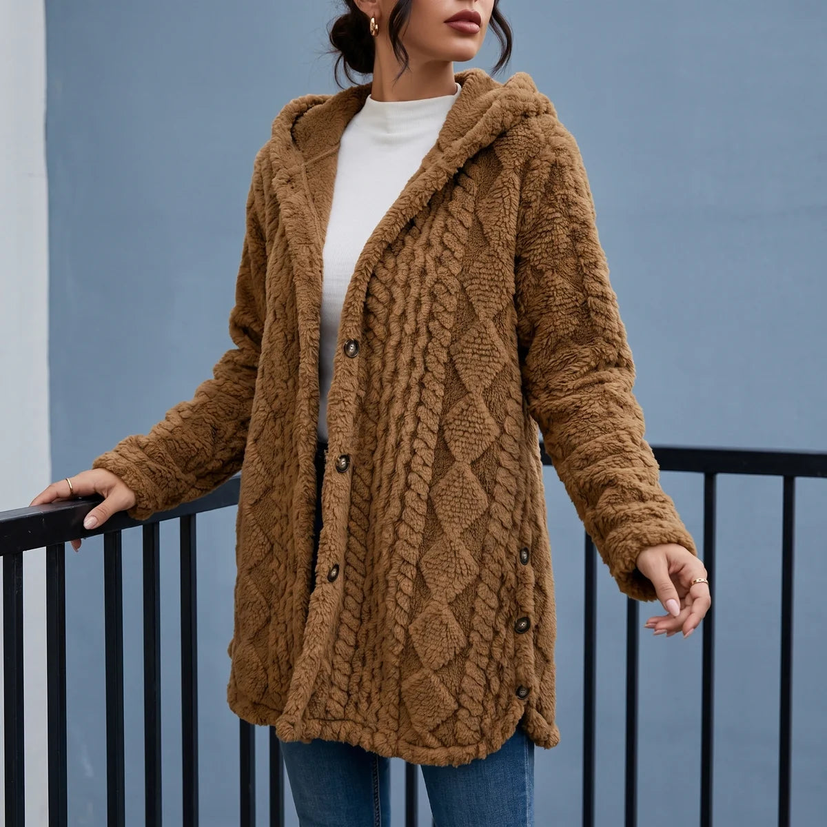 Zelie Plush Cable Textured Hooded Cardigan