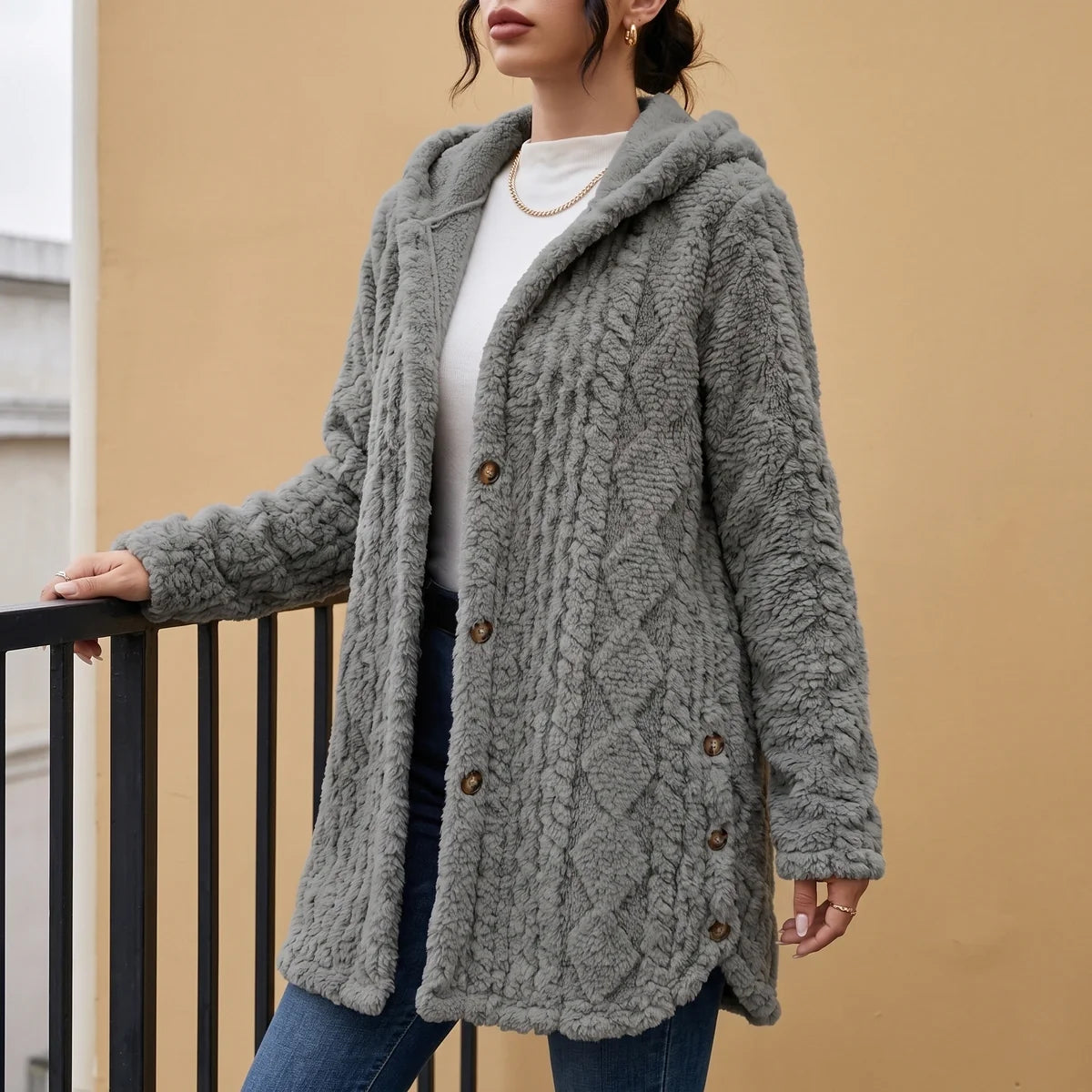 Zelie Plush Cable Textured Hooded Cardigan