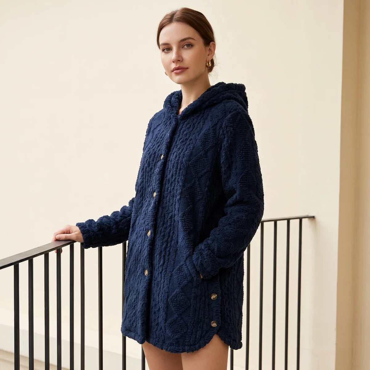 Zelie Plush Cable Textured Hooded Cardigan