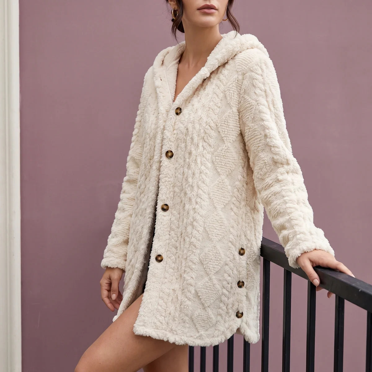 Zelie Plush Cable Textured Hooded Cardigan
