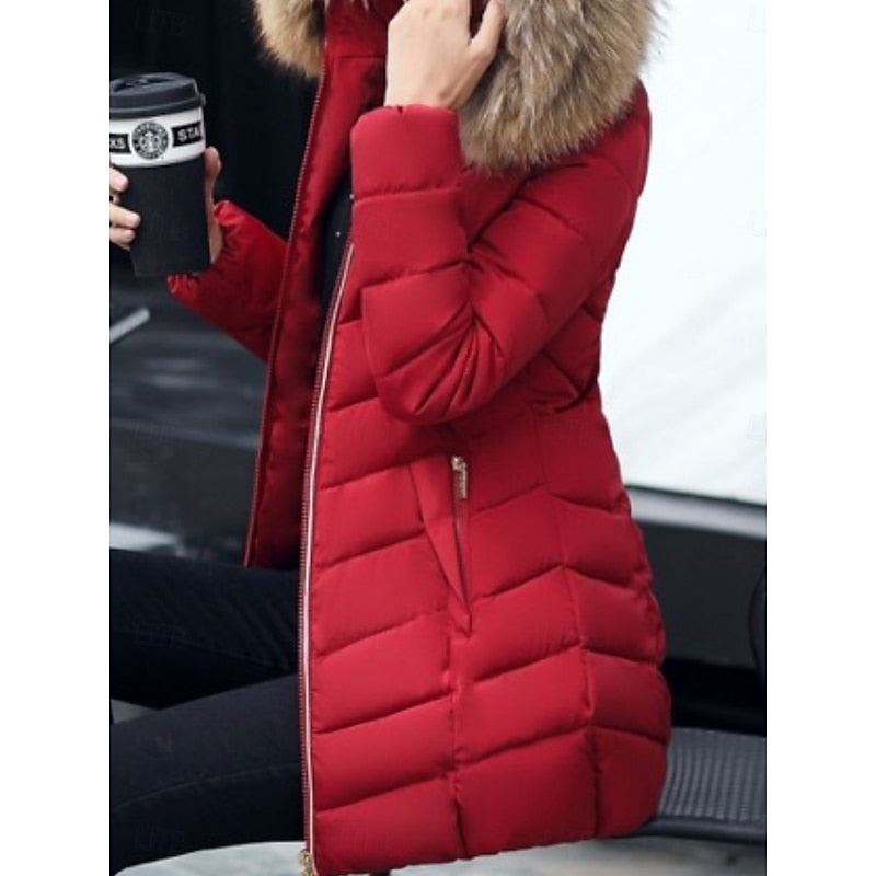 Women's Parka with Quilted Panels and Hood | Zip Closure, Pockets | For Winter | Size M-3XL | Wine Red, Red, Army Green, Black