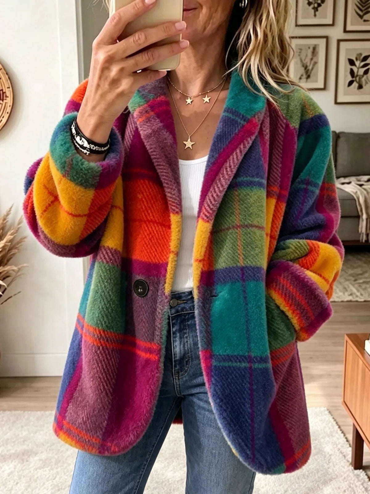 Zilla | Plaid Wool Blazer with Button Closure for Women