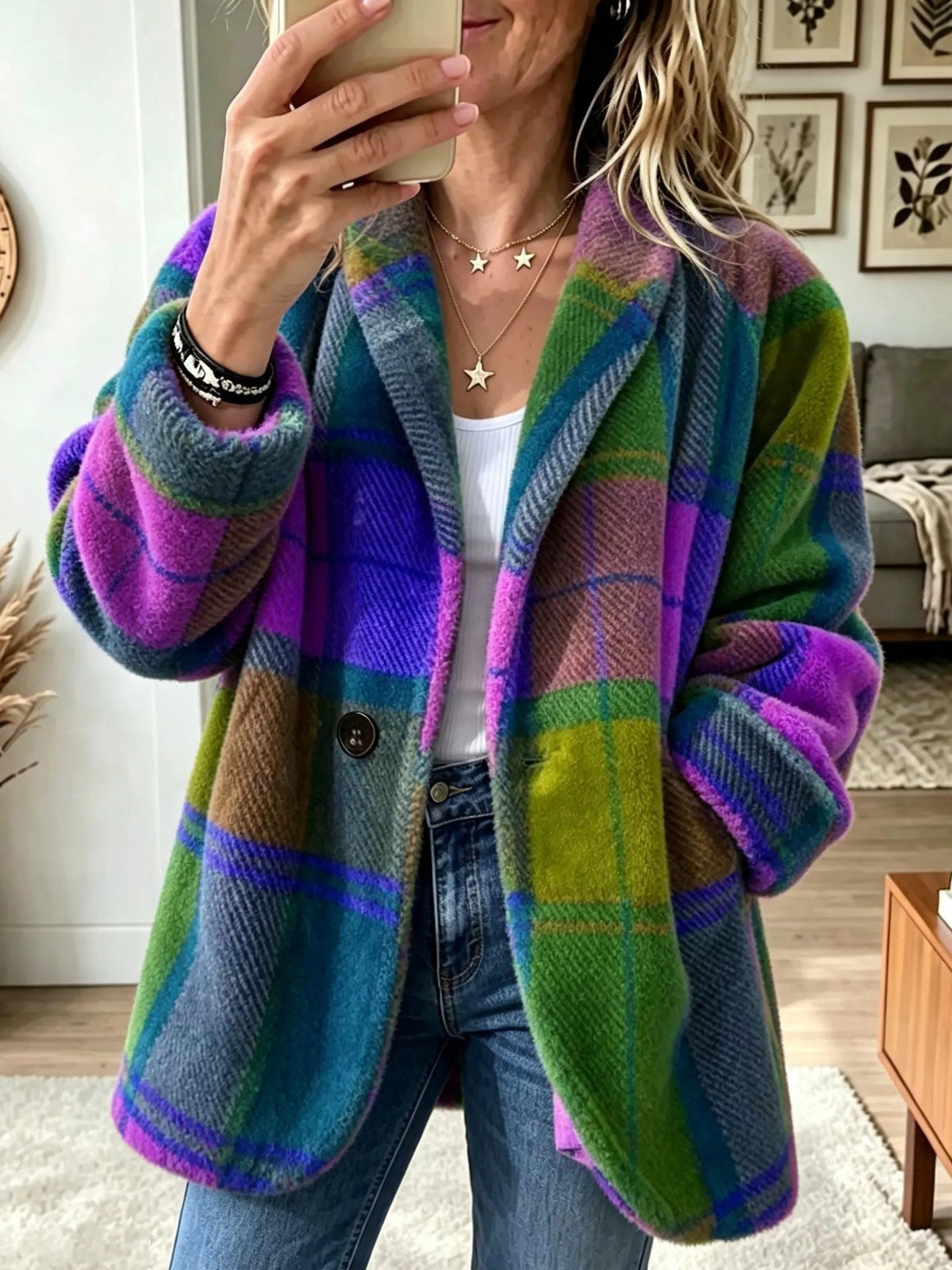 Zilla | Plaid Wool Blazer with Button Closure for Women