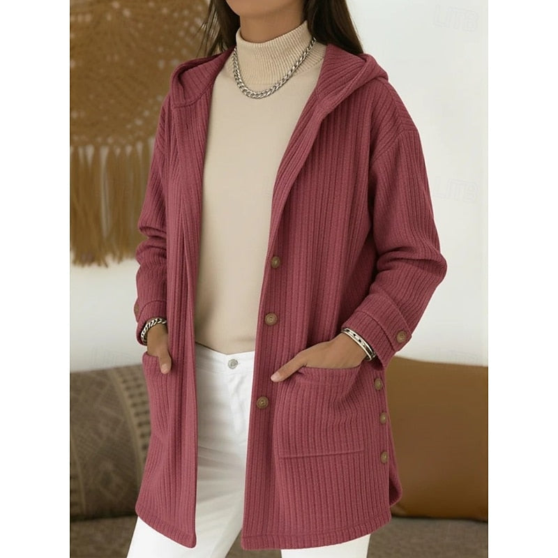 Women's Coat with Down Filling and Hood | Button Front, Pockets | For Winter | Size S-3XL | Coffee, Pink, Navy Blue, Wine Red