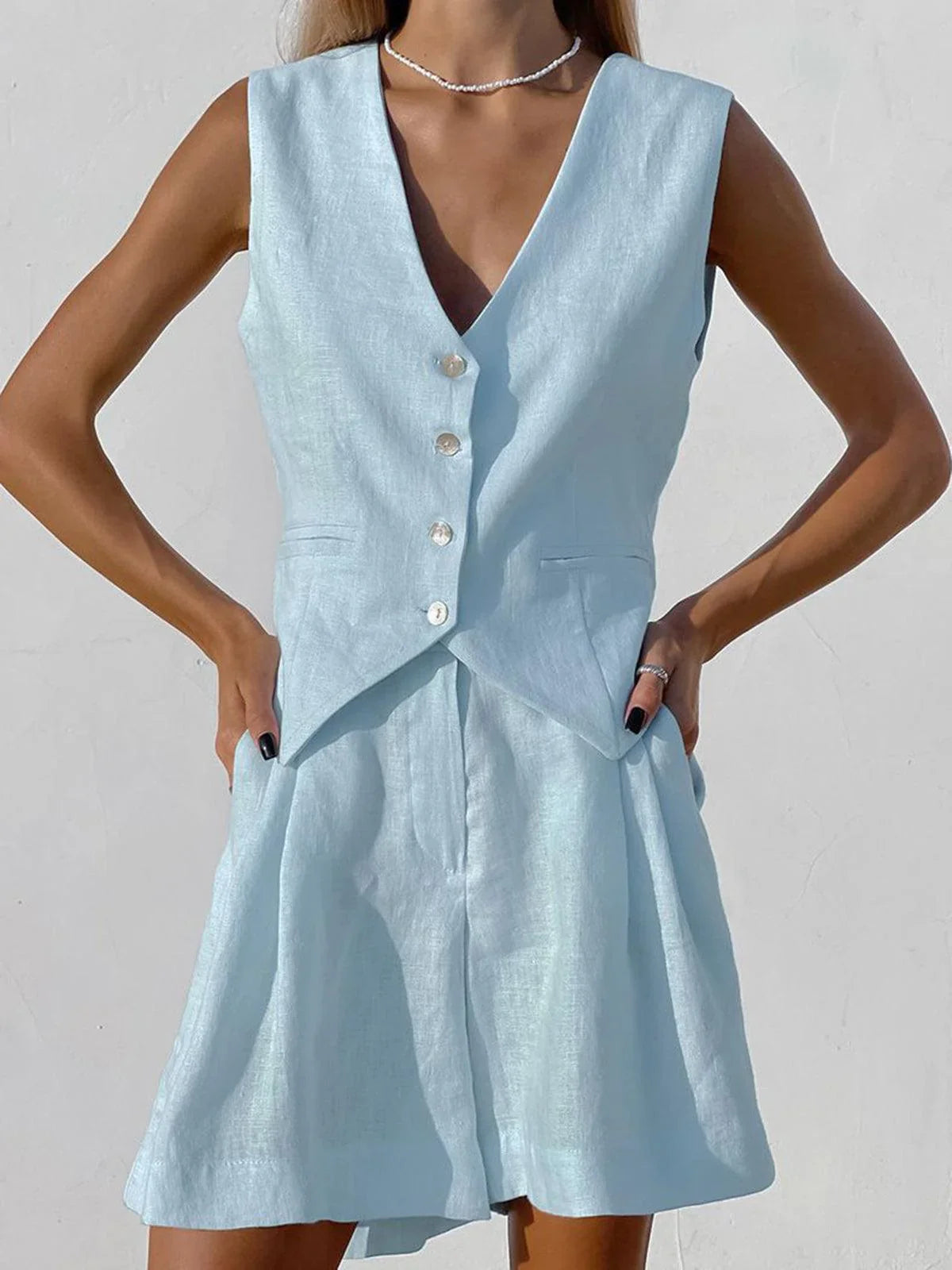 Zoe | Women's V-Neck Vest And Pleated Shorts Set with Button Front