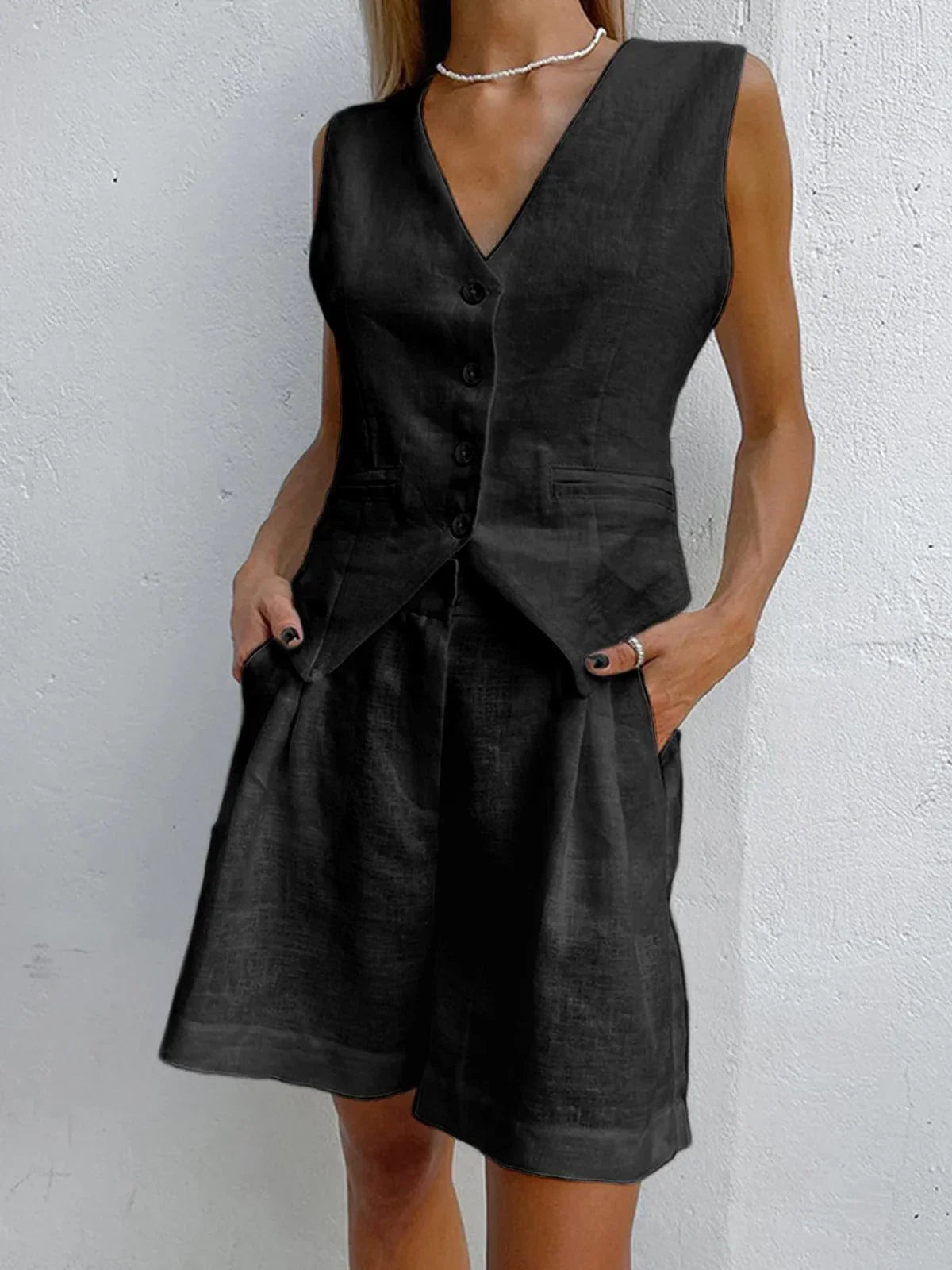 Zoe | Women's V-Neck Vest And Pleated Shorts Set with Button Front