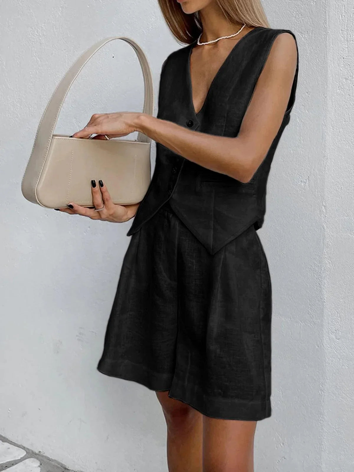 Zoe | Women's V-Neck Vest And Pleated Shorts Set with Button Front