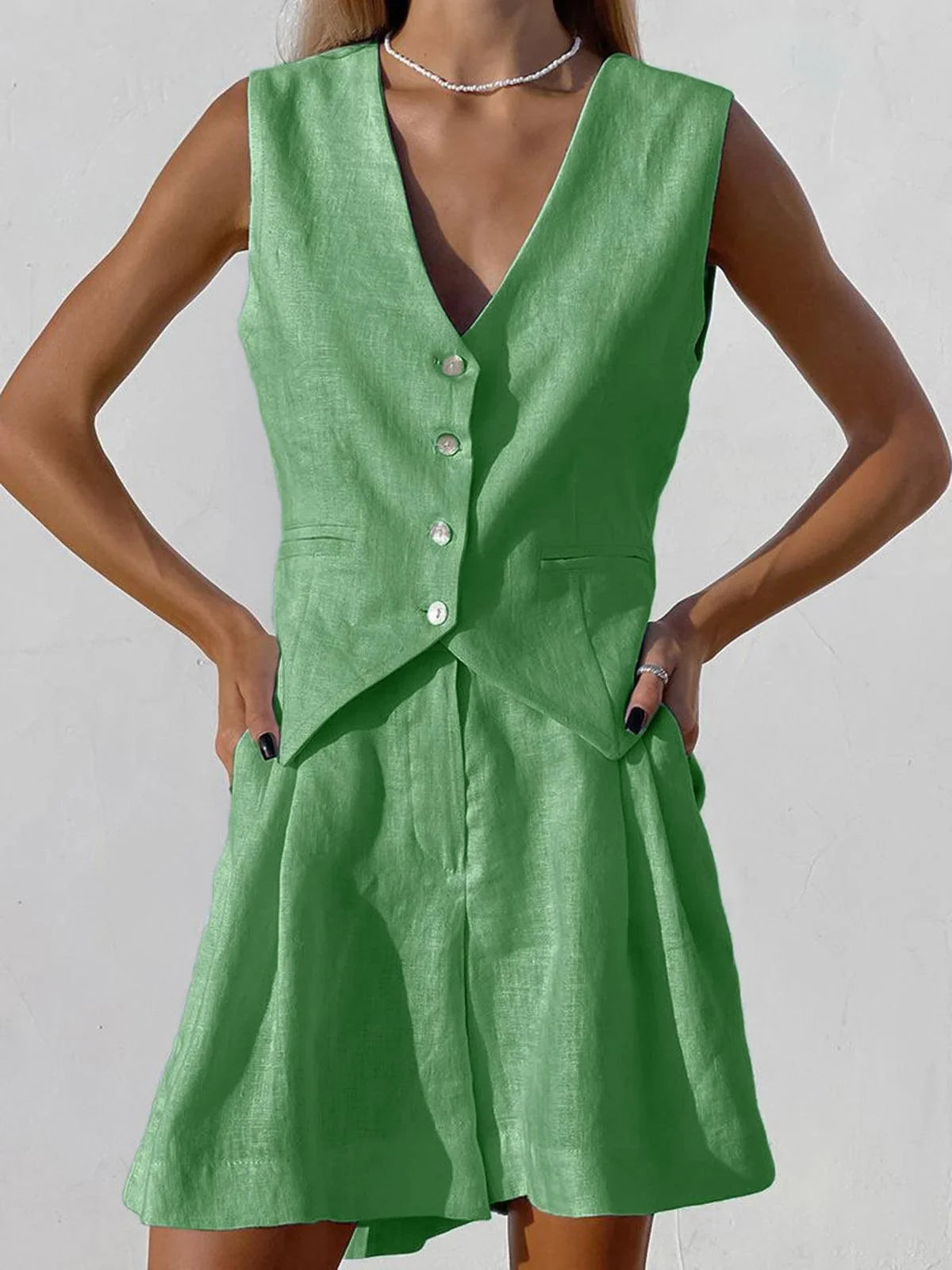 Zoe | Women's V-Neck Vest And Pleated Shorts Set with Button Front