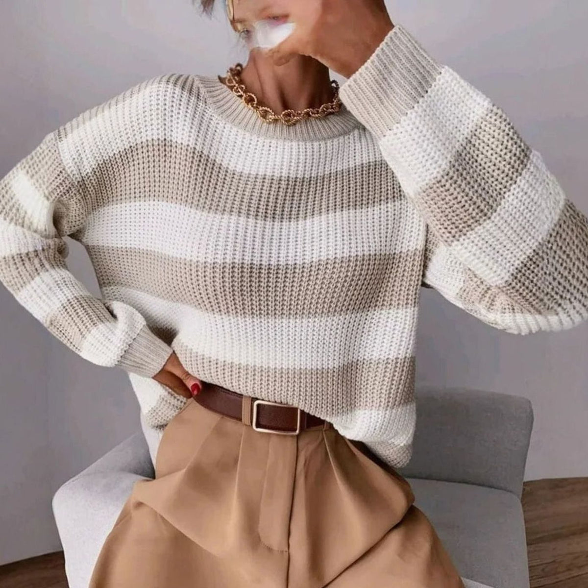 Zoya | Striped Chunky Knit Sweater with Crew Neck for Women