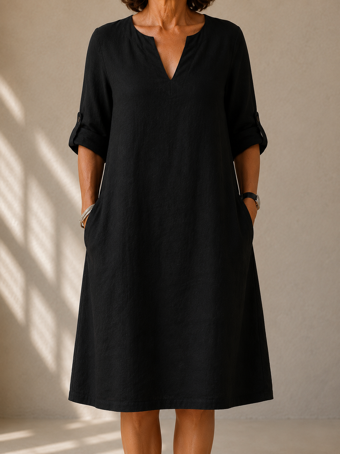 Pauline | Black Midi Dress with Rolled Sleeves